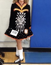 Irish dancing Solo Dress by Gavin Black velvet with orange and crystals.