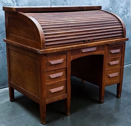 Edwardian oak roll - top, desk