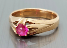 Vintage Ladies 14ct Gold & Ruby Solitaire Gypsy Ring, Size L 1/2