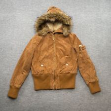 Baby Phat Leather Jacket Women M Brown Suede Faux Fur Hooded Embroidered Y2K VTG