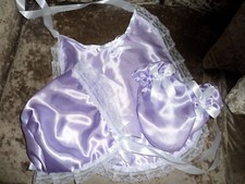 ADULT BABY SISSY  LILAC BONNET + MITTENS + BIB LACE TRIMMED WHITE  SATIN  TIES