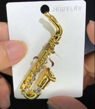 Gold Steel Saxophone Pin Jewelry Brooch, Music.