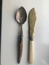 Victorian Bone/Antler Handle Cutlry–Etched Brass Knife &Silverplate Floral Spoon