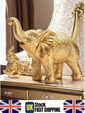 Gold Elephant Ornament with Baby Sculpture Lucky Feng Shui Home Decor Statue