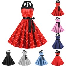 Ladies Vintage Party Rockabilly 50's Swing Halter Neck Bow Women Polka Dot Dress