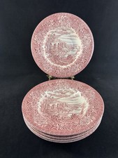Vintage Set 5 Red EIT England Soup Plates English Medieval Scenery Castle Floral