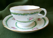 VICTORIAN WAISTED TEA CUP & SAUCER PINK ROSES LOOPED HANDLE HAND PAINTED MINTON 