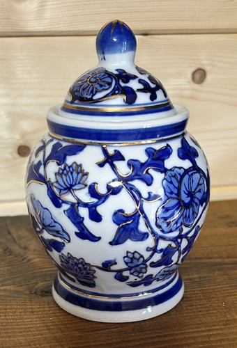 Blue white ginger jar with - &,