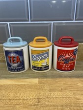 Retro 50's 60's Style Tea Coffee Sugar Shop Canisters Slogan 3 Ceramic Jars