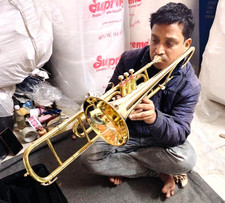 TROMBONE 3 VALVE OF PURE BRASS METAL IN GOLDEN POLISH+CUSHION BOX+ FREE SHIPPING