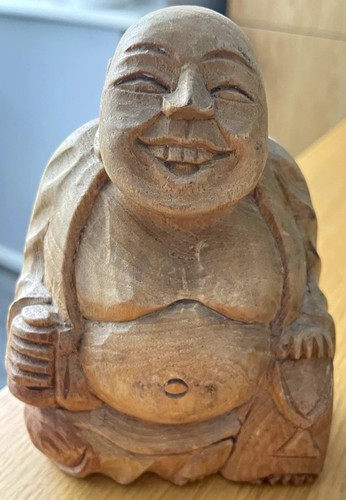 Wood carved laughing buddha - carved,