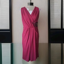 Festive Raspberry Red Draped Party Dress Beaded Rhinestone Chic, Alexon, Size 40