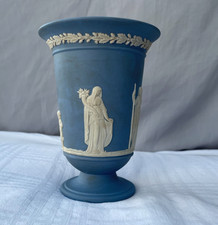 Wedgwood Blue Jasperware Trumpet Vase Winged Maiden Tied to Tree Pattern