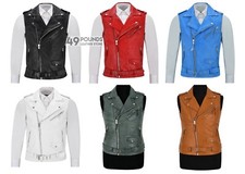 Mens Biker Style Real Leather Vest Lambskin Leather Brando Waistcoat Gilet 1025