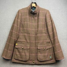 JOULES Field Coat Women UK 12 Brown Jacket Tweed Wool Country Plaid Tartan Holk
