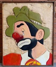 Vintage 80s Hand Carved Wood Sad Circus Clown Painting Modern Art Wall Hanging