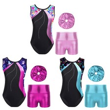 Kids Girl's Jumpsuit And Bottoms Hair Tie Competition Leotard Boyshorts Set Gym