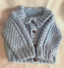 Hand Knitted Baby 0-3 Month Blue Aran Cardigan / Jacket £10.99 Plus P&P