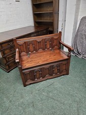 OLD CHARM CARVED OAK PANELLED MONKS BENCH/HALL SEAT/PEW/SHOE/TOY STORAGE