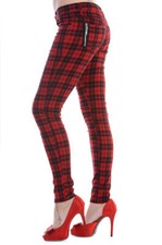 BANNED Apparel Red Tartan Check Skinny Punk Emo Stretch Rockabilly Trousers 