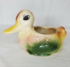 Vintage American Bisque Duck Planter Ceramic Big Eyes Yellow Green Pink USA