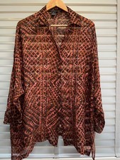 PERUVIAN CONNECTION Silk Blouse Size Small Brown Tribal Aztec Relaxed Shirt Top