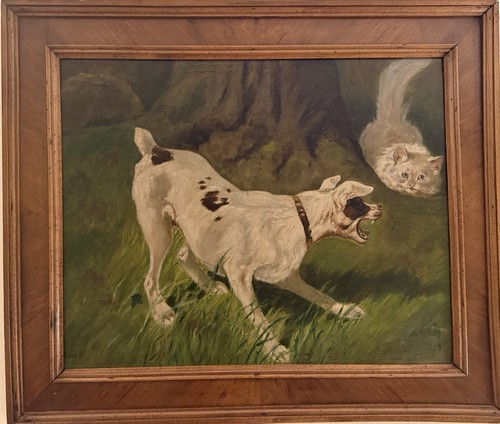 Antique large dog oil painting - antique,