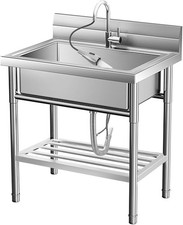 Commercial Stainless Steel Utility Sink Single Bowl Sink w/ Cold Hot Water Pipe