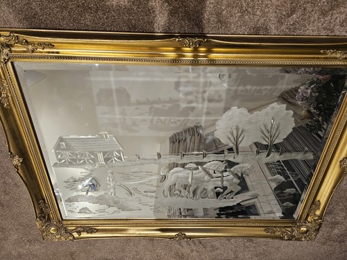 Vintage etched glass mirror - glass,