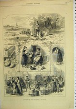 Original Old Antique Print French Geese Animals Market Country Scene
