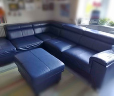 Blue faux leather corner sofa