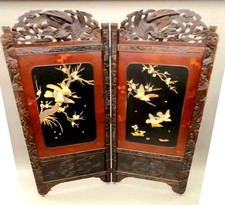 Antique Screen Divider Japanese Lacquered Carved Inlaid Shibayama-FREE delivery