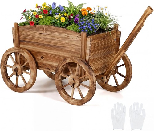 Wood wagon wheelbarrow planter - wood,