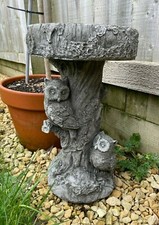 Barn Owl Bird Bath Stone Statue | Outdoor Vintage Feeder Animal Garden Ornament