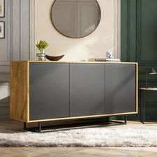 160cm Sideboard Oak Body & Black Doors | Push-to-Open | Metal Frame Storage Unit