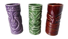 Tiki Mugs Ceramic X 3 Large Cocktail Party Set Purple Green Brown