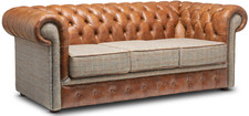 Chesterfield sofa Bed Harris Tweed wool & Vintage Tan Leather & Highback Chair