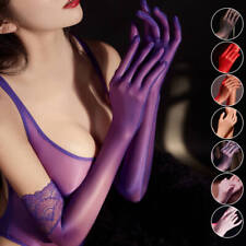 Womens Oil Shiny Glossy Long Gloves See-through Lace Wedding Evening Party Glove