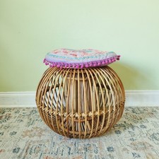 Vintage Wicker Bamboo Round Stool Lobster Pot Boho Tiki MCM Albini Agnoli Style