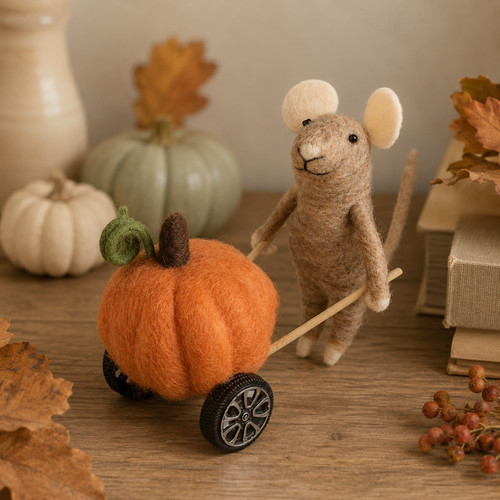 Felt mouse pushing - mouse, pumpkin