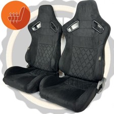 Pair BB6 RS Black Suede Alcantara Diamond Stitch Reclining Bucket Seats HEATED