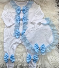Romany Babygrow And Bib Set Blue Lace And Bows Size Newborn