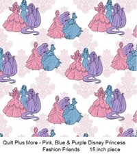Disney Princess Fashion Friends Pink Blue & Purple 100% Cotton Fabric 15 inches
