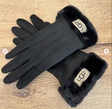 UGG AUSTRALIA BLACK FAUX SHEEPSKIN SUEDE TURN CUFF TOUCH SCREEN GLOVES MITTENS