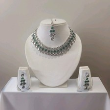 Green Indian bollywood bridal Necklace tikka earrings jewellery kundan set