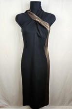 REISS Carla Dress 8 UK Bodycon Midi in Black/Bronze Metallic Stripe Halterneck