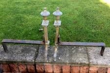 Large Heavy Pair of Antique Brass Steel Iron Fire Dogs Andirons Bluebell Design