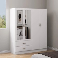 Double 4 Door White Wardrobe with Mirror – Ready Assembled, 2 Bottom Drawers