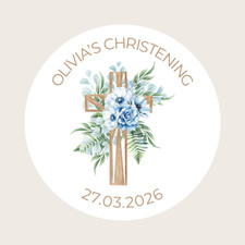 Personalised Round Christening Stickers / Baptism / Blessing Floral Cross Design