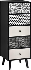 5 Drawer Tallboy White Black Geometric Pattern Tall Chest of Drawers Wooden Unit